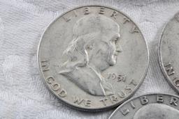 3 Franklin Half Dollars 1951S, 1954D & 1958D