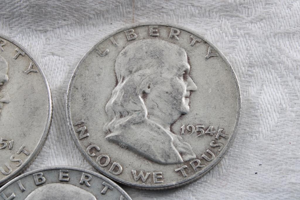 3 Franklin Half Dollars 1951S, 1954D & 1958D