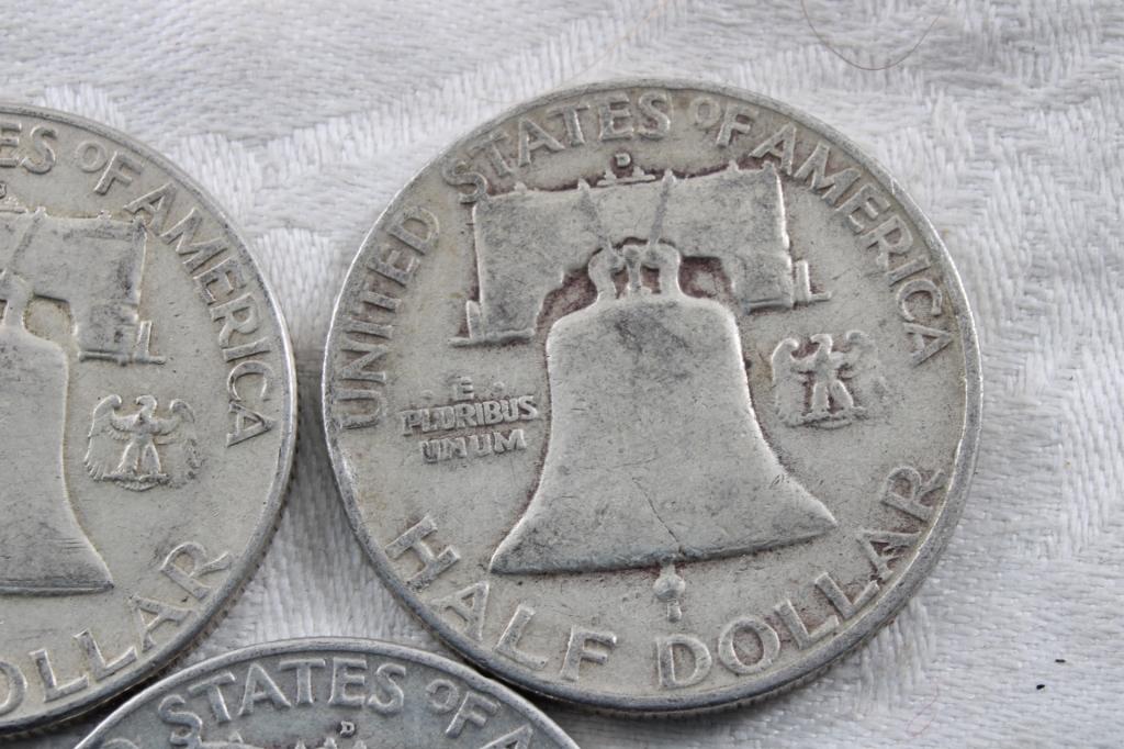 3 Franklin Half Dollars 1951S, 1954D & 1958D