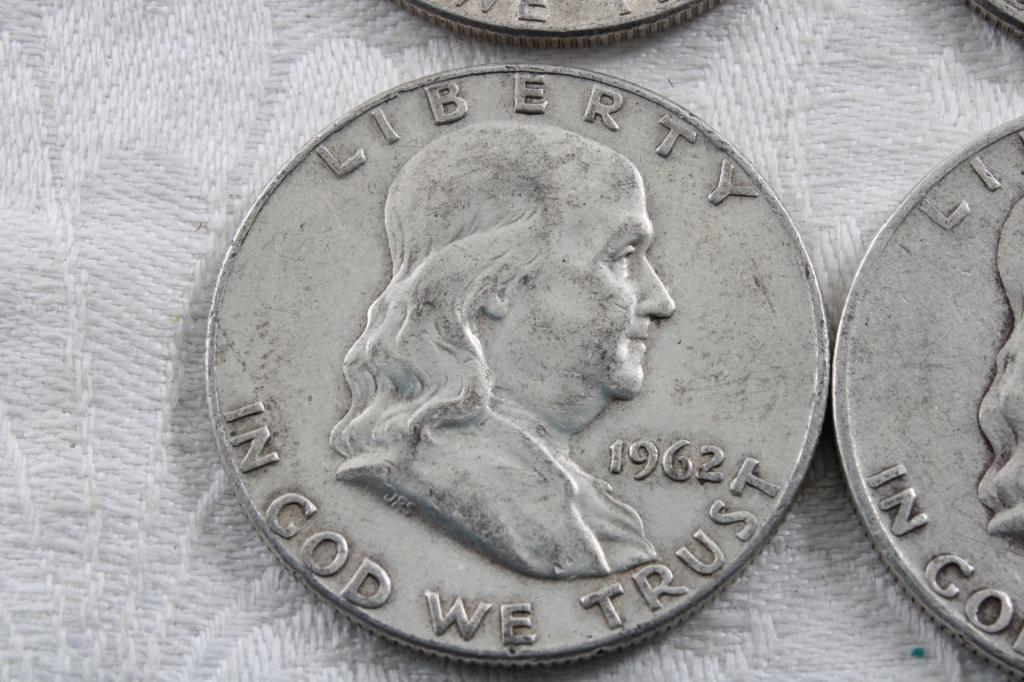4 Franklin Half Dollars1952, 1953D, 1961D, 1962D