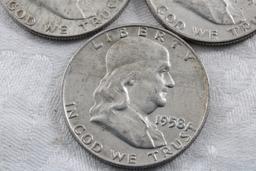 3 Franklin Half Dollars 1962D, 1951 1958D