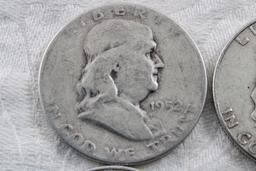 4 Franklin Half Dollars 1952, 1961D,1962D,1963D