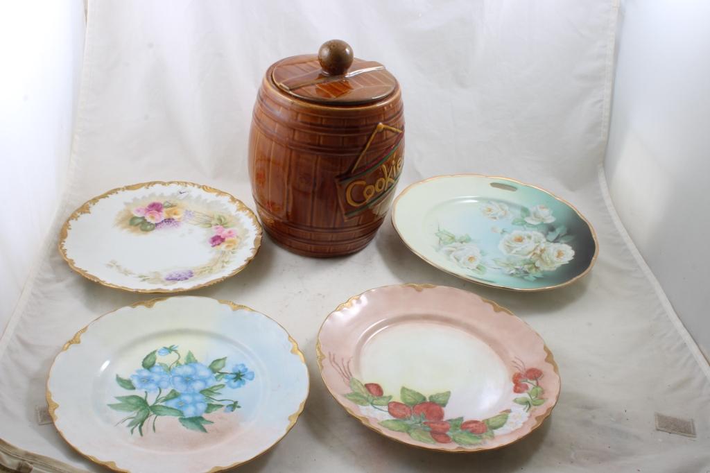 American Bisque Barrel Cookie Jar & Painted Plates