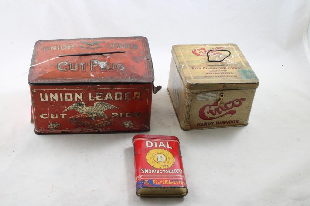 3 Adv. Tobacco Tins Dial, Cinco, Union Leader