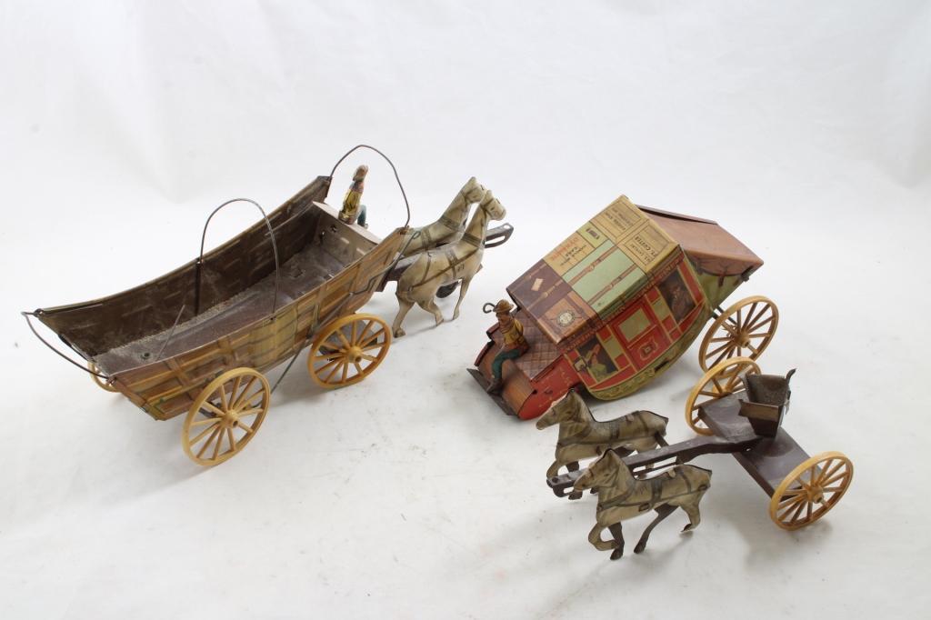 50's Tin Litho Stage Coach & Covered Wagon NW Prod