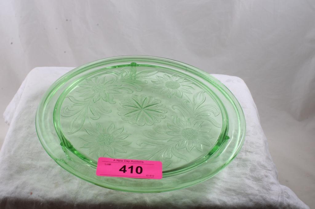 Green Vaseline Glass Cake Stand Sunflower Design