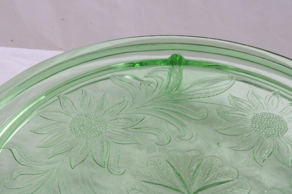 Green Vaseline Glass Cake Stand Sunflower Design