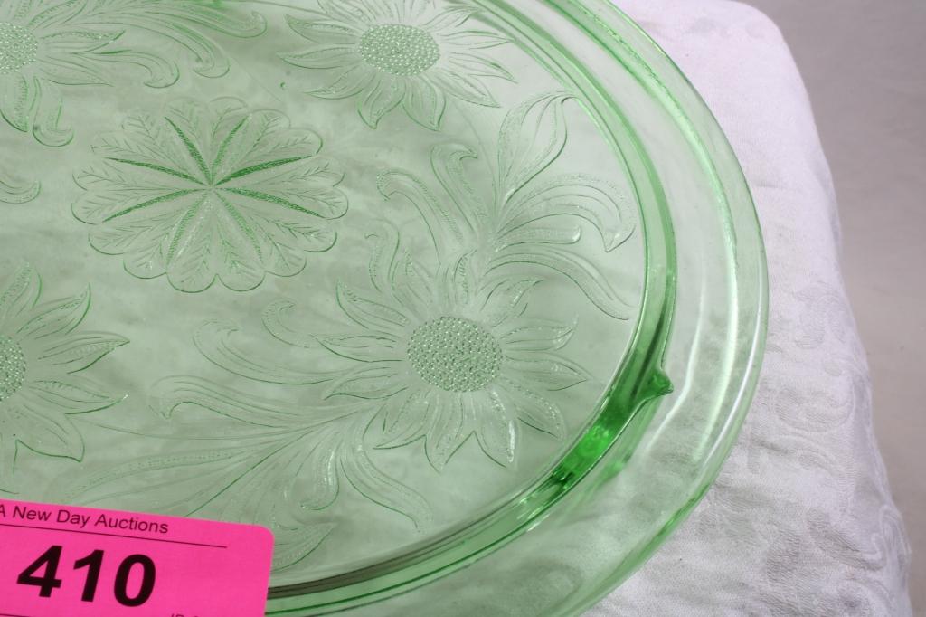 Green Vaseline Glass Cake Stand Sunflower Design