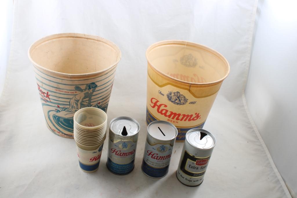 Hamms & White Rock Ice Buckets, Beer Cans, Bank