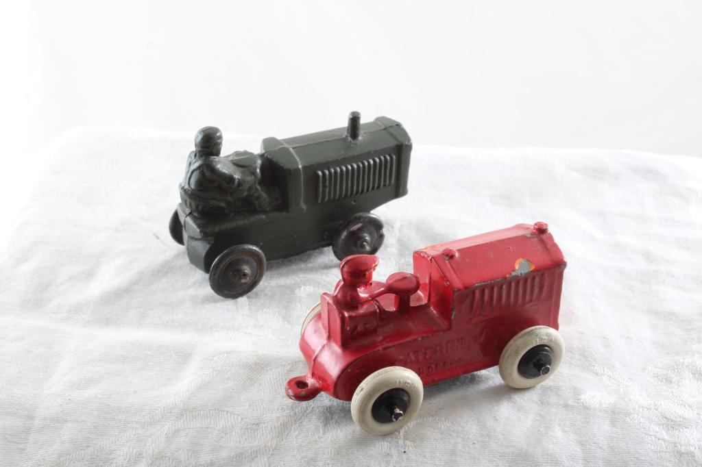 2 Cast Metal Toy Tractors w/Farmer Drivers