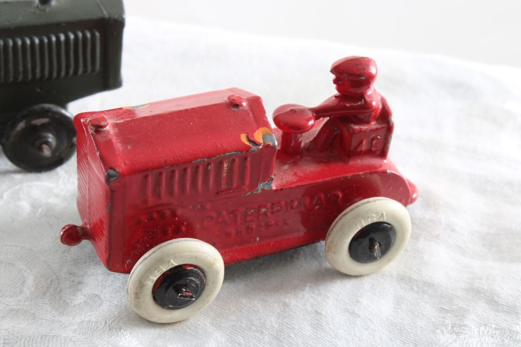 2 Cast Metal Toy Tractors w/Farmer Drivers