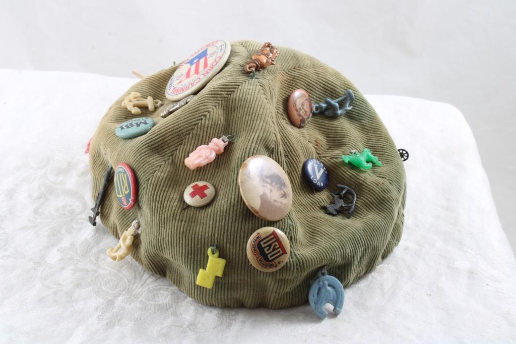 Antique Beanie w/ Old Pins & Cracker Jack Toys