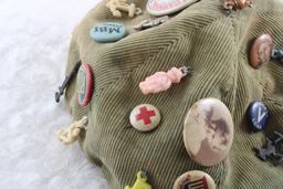 Antique Beanie w/ Old Pins & Cracker Jack Toys