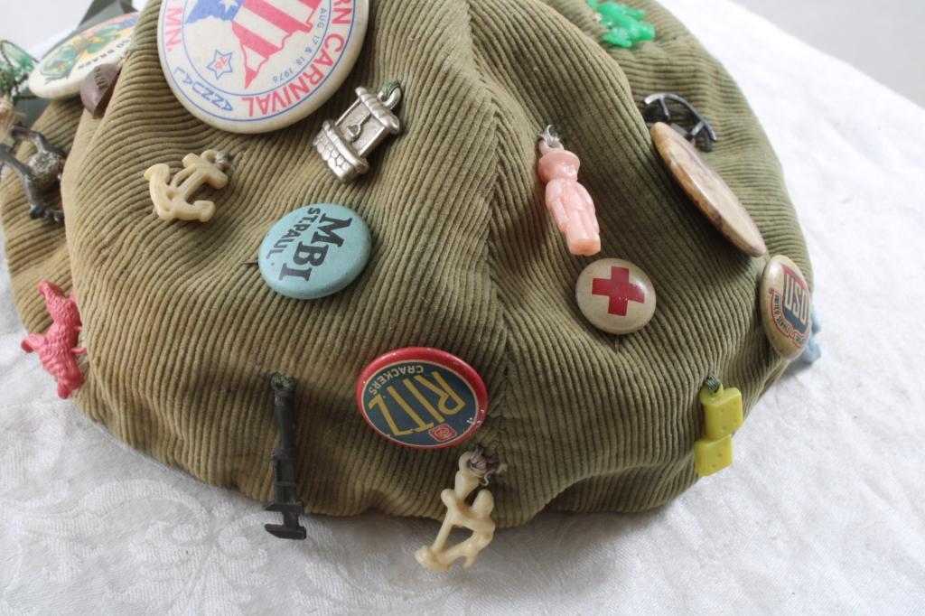 Antique Beanie w/ Old Pins & Cracker Jack Toys
