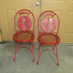 2 Red Metal Folding Coca-Cola Chairs