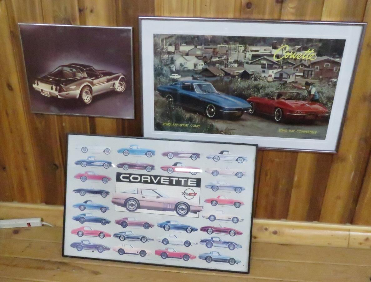 3 Framed Vintage Corvette Posters