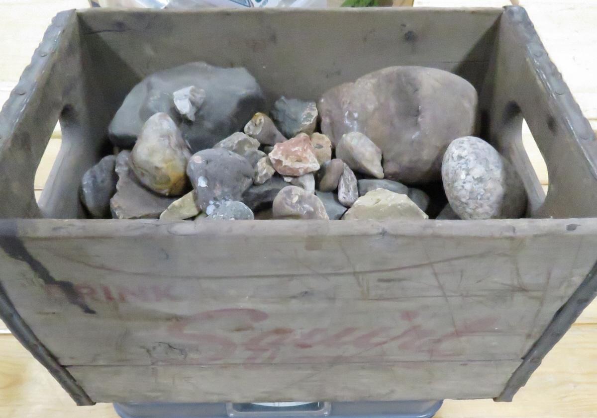 55 pounds mixed rocks and minerals in crate