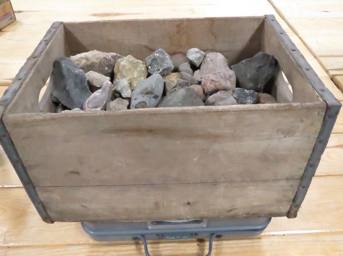 55 pounds mixed rocks and minerals in crate