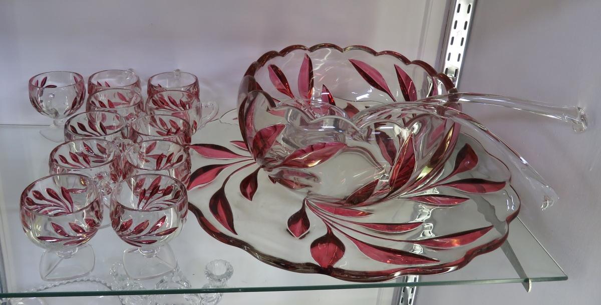 Indiana Glass 1008 Willow Red Flash Punch Bowl Set