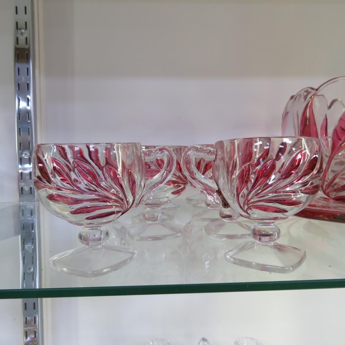 Indiana Glass 1008 Willow Red Flash Punch Bowl Set