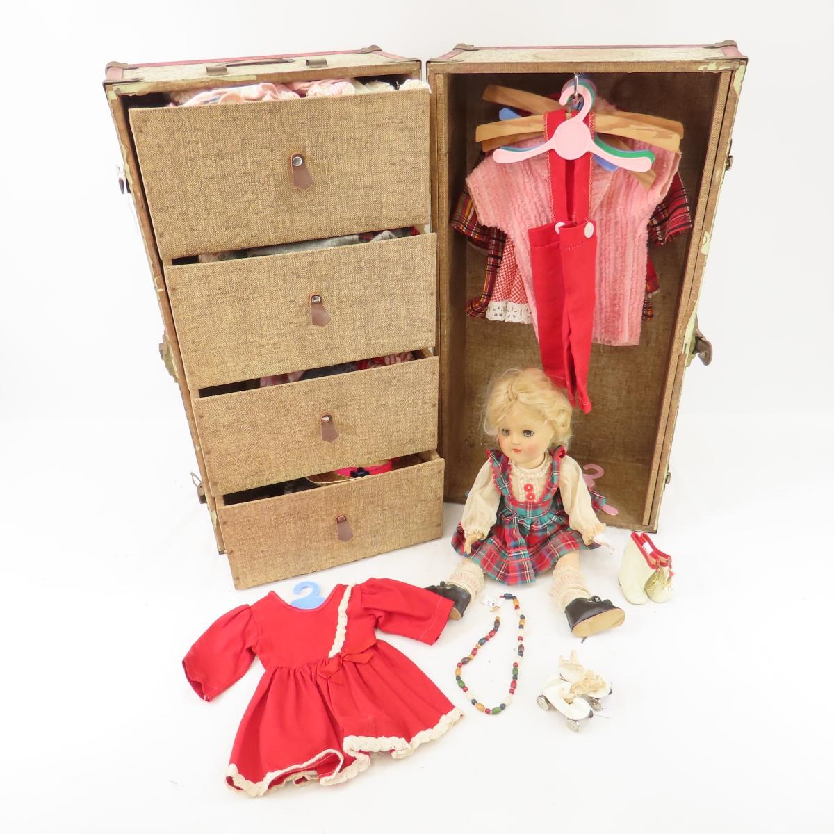 Vintage doll trunk with doll and clothes