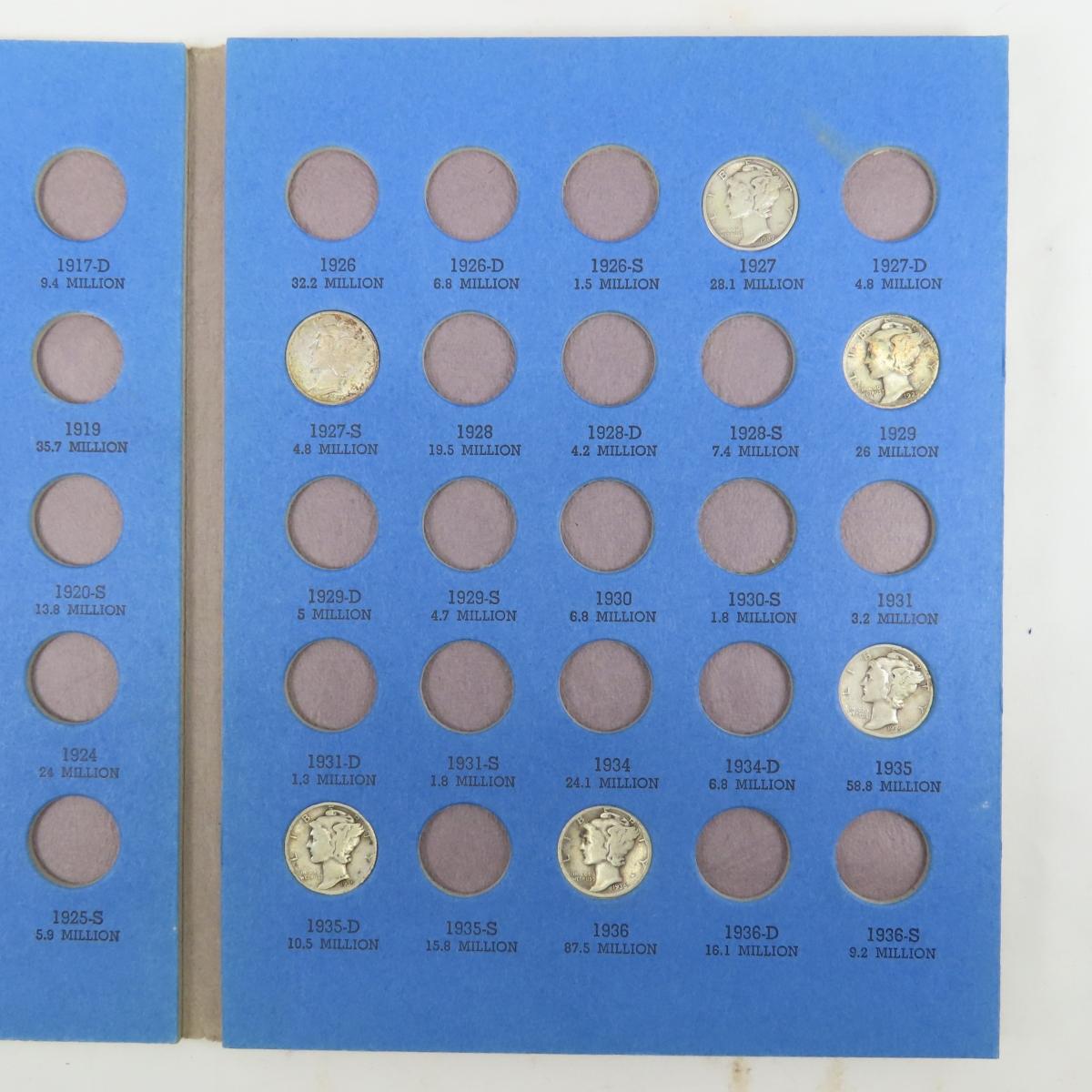 55 Mercury Dimes in 3 partial books 1917-1945