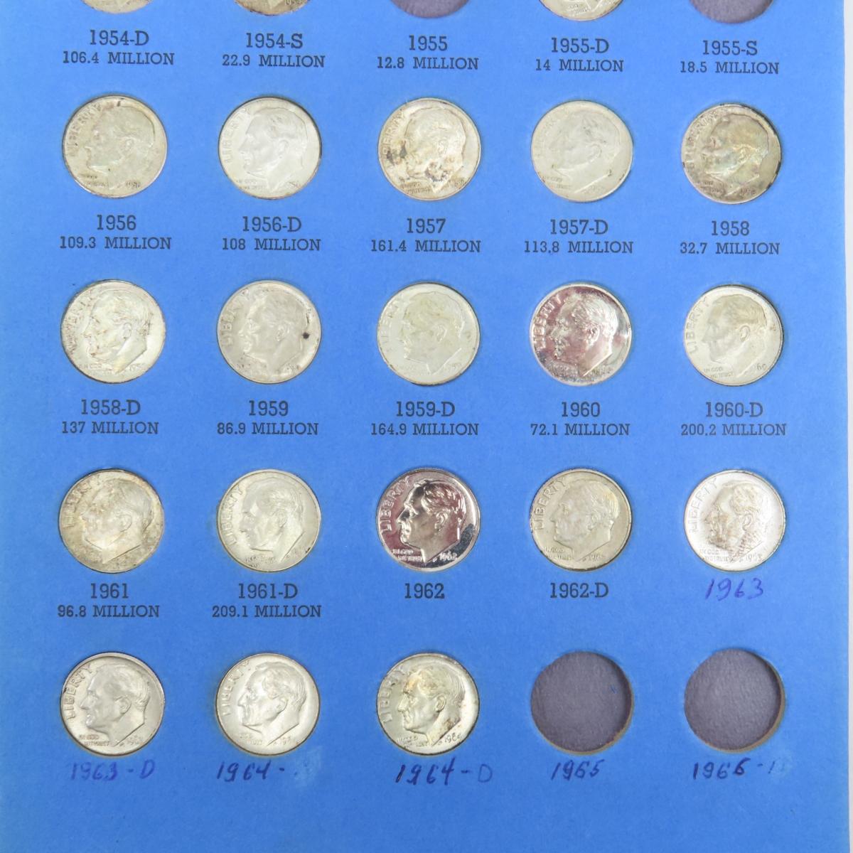 44 Roosevelt dimes in partial book 1946-1964