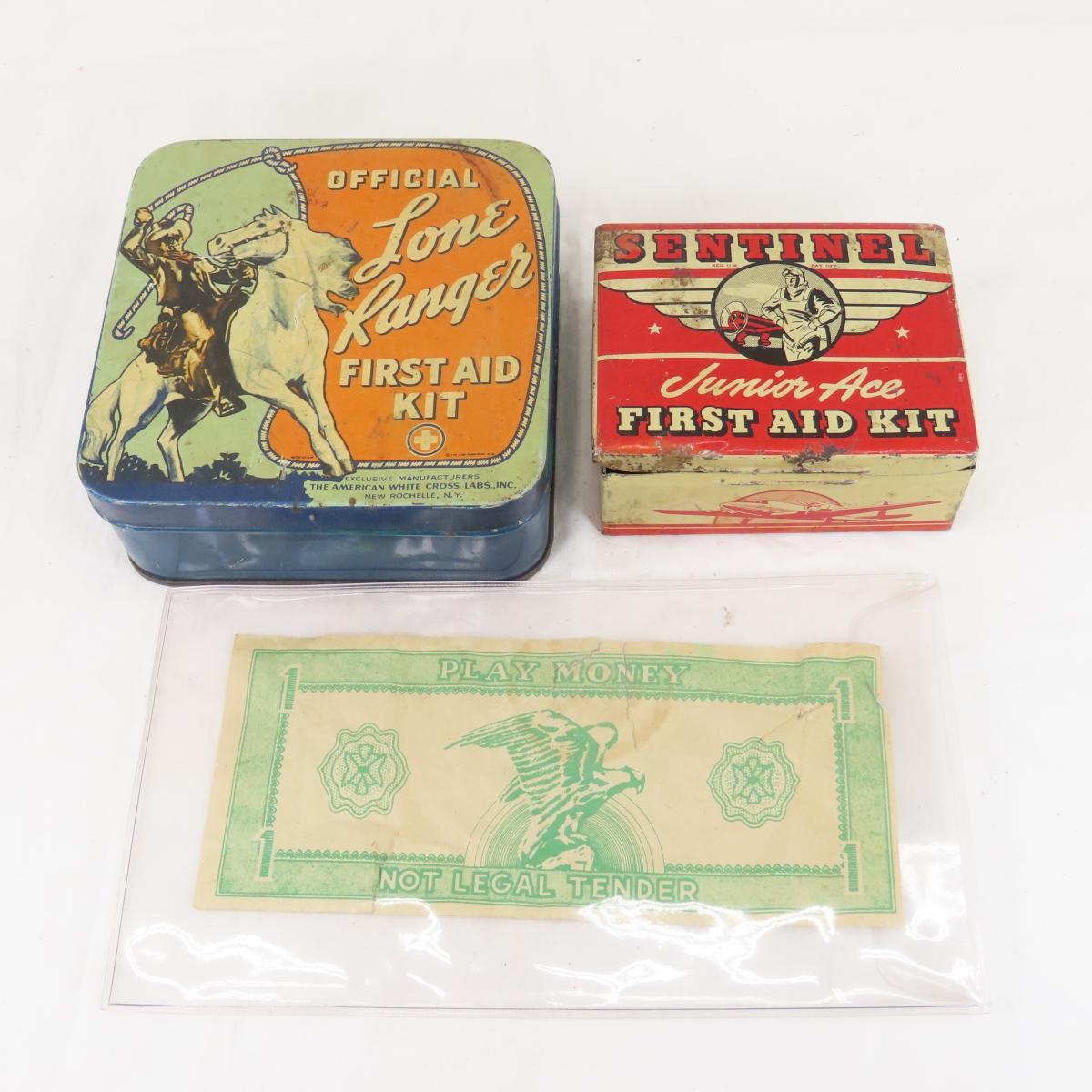 Vintage tin toys, 1st aid tins and play money