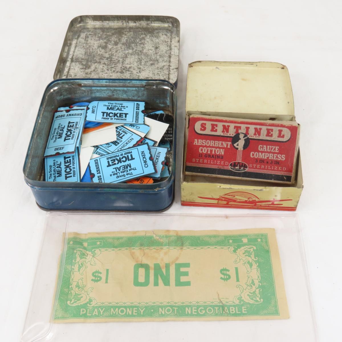 Vintage tin toys, 1st aid tins and play money