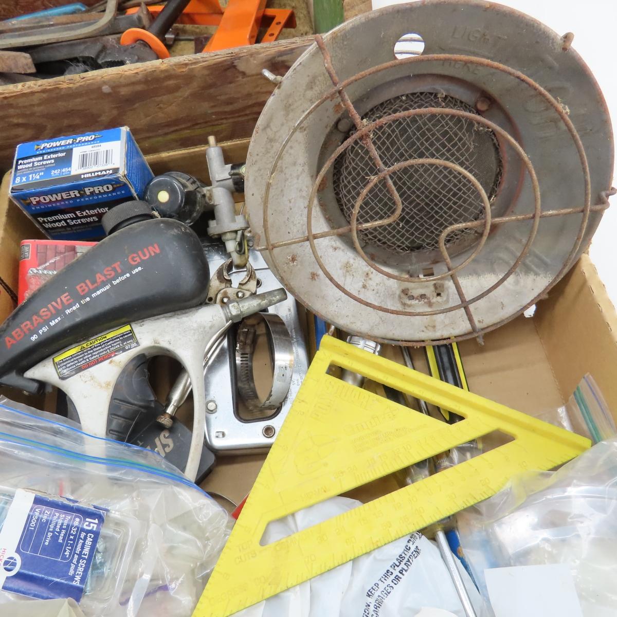 Shelf lot of tools and antique wood caddy