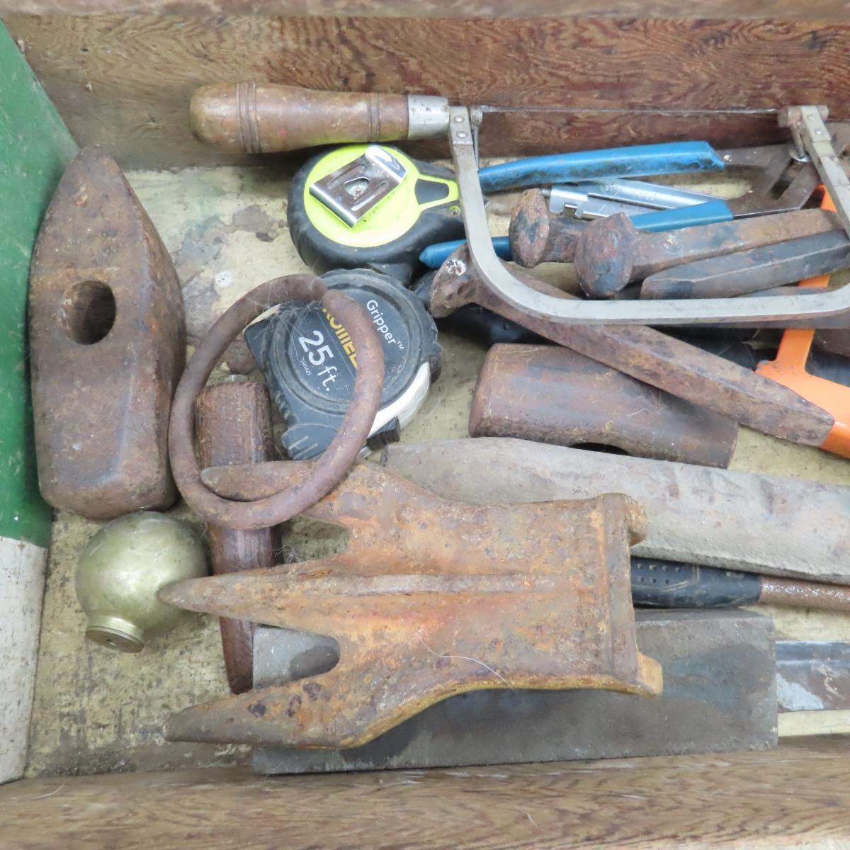 Shelf lot of tools and antique wood caddy