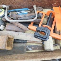 Shelf lot of tools and antique wood caddy