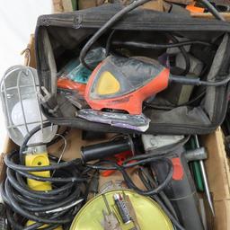 Shelf lot of tools and antique wood caddy