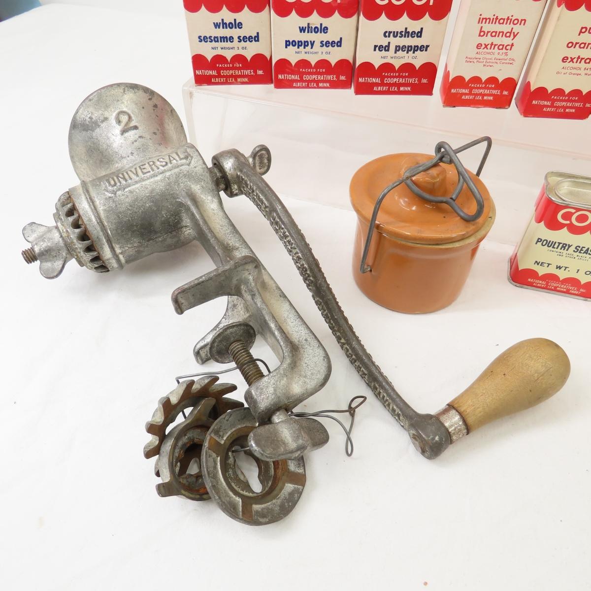 Vintage Food Grinders, Insulators & Spice Tins