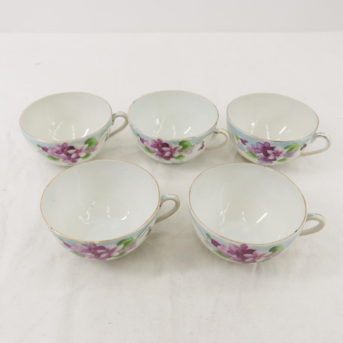 Antique Hand Painted Violet Tea Cups and Saucers