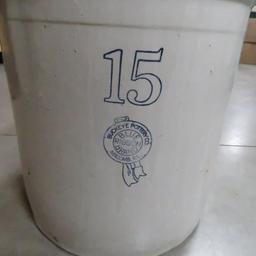 15 Gallon Buckeye Pottery Blue Ribbon Brand Crock