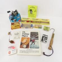 Vintage fishing lures, reels, fly fishing book