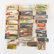 Martin Storm & other fishing lures in boxes