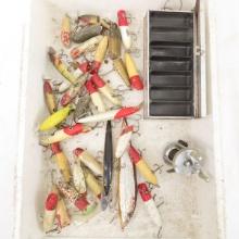 Vintage Fishing Lures & Reel, Small UMCO box