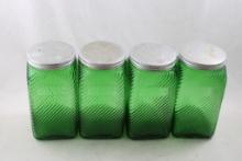 4 Owens Illinois Green Glass Ribbed Canisters
