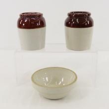 2 Lidded 4" Stoneware Jars & 5" 1/2 pt Bowl