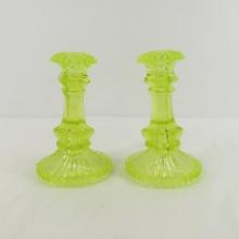 Pair of Vintage Vaseline Glass Candlesticks 6.75"