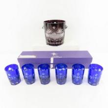 Red Ice Bucket & 6 Cobalt Juice Cut Glass Glasses