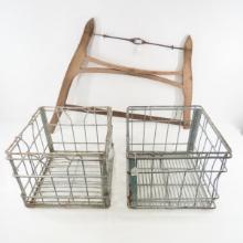 2 Vintage Metal Grocery Crates & Saw