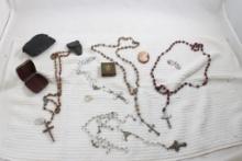 2" Cameo, 5 Rosaries, 2 Brass Holders, & More