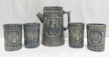 Red Wing Art Pottery Brushware Pitcher & 4 Mugs
