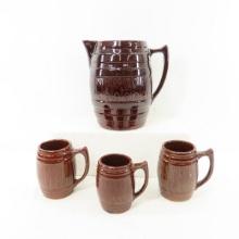 3qt Stoneware Brown Glaze Barrel Pitcher & 3 Mugs