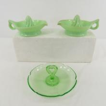 2 Fire King Jadeite Reamers & Green Candy Tray