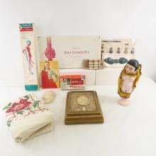 Linens, Buttons, Chalkware Figure & More