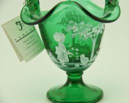 Lot #35- Pair of 2004 Fenton Mary Gregory collection emerald Four seasons basket  “Bouquet for